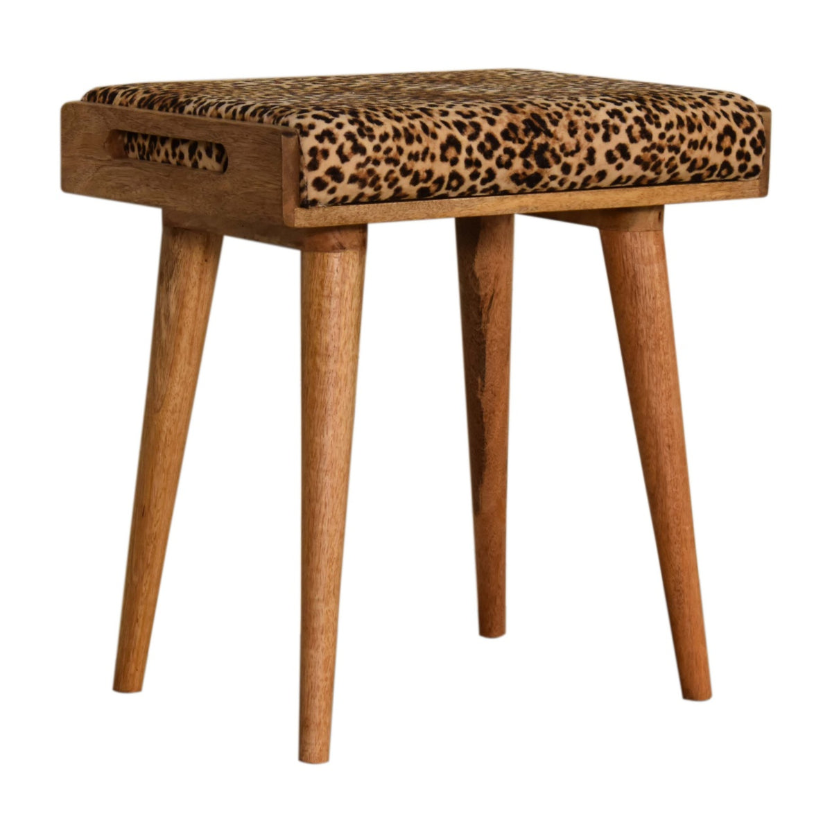 Leopard-print tray-style footstool in a front three-quarter view, showing its wood frame and legs