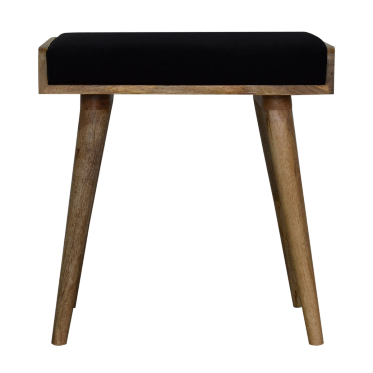 Centered footstool seen from the front, showing its padded black seat and four angled wooden legs.