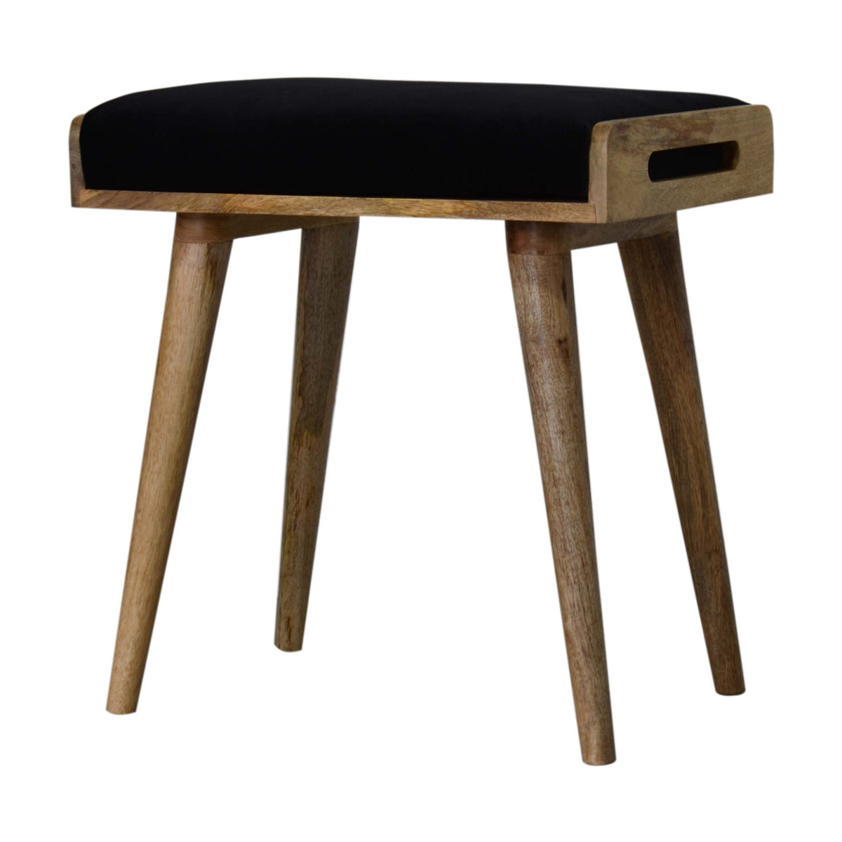 Footstool from the opposite angle, with the padded seat, wooden frame, side handhold, and legs visible.