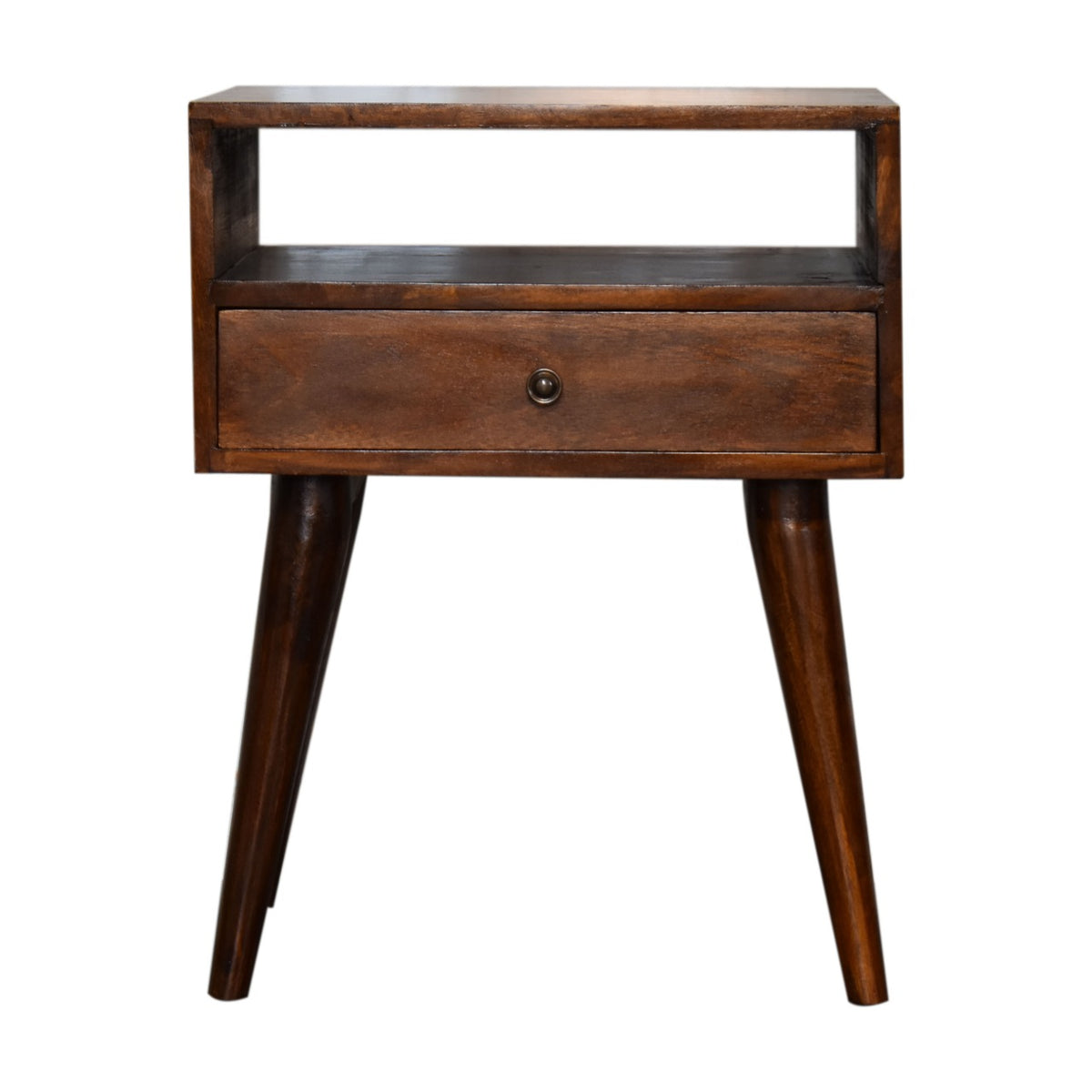 Front view of a chestnut nightstand with one drawer and four tapered legs