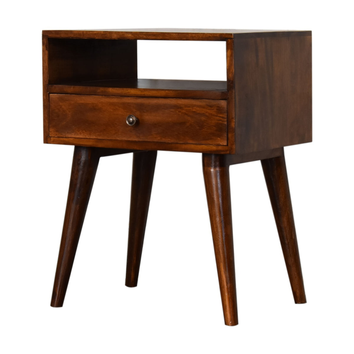 Chestnut nightstand angled to show its right side, open shelf and drawer
