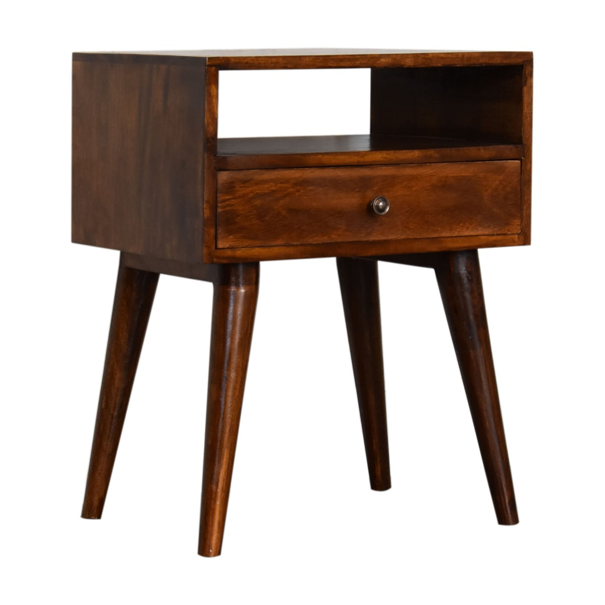 Chestnut nightstand angled from the opposite side with drawer and open shelf