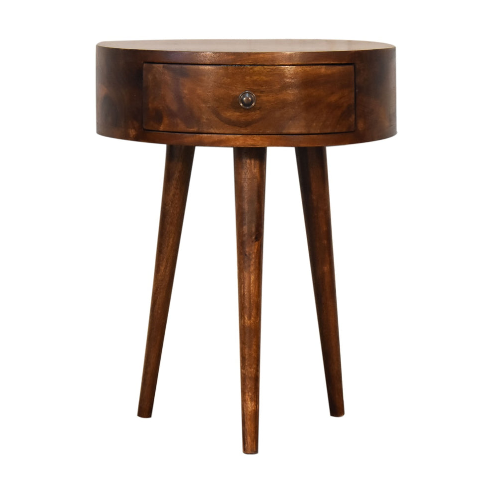 Chestnut semi-circle nightstand shown from the front with its drawer closed
