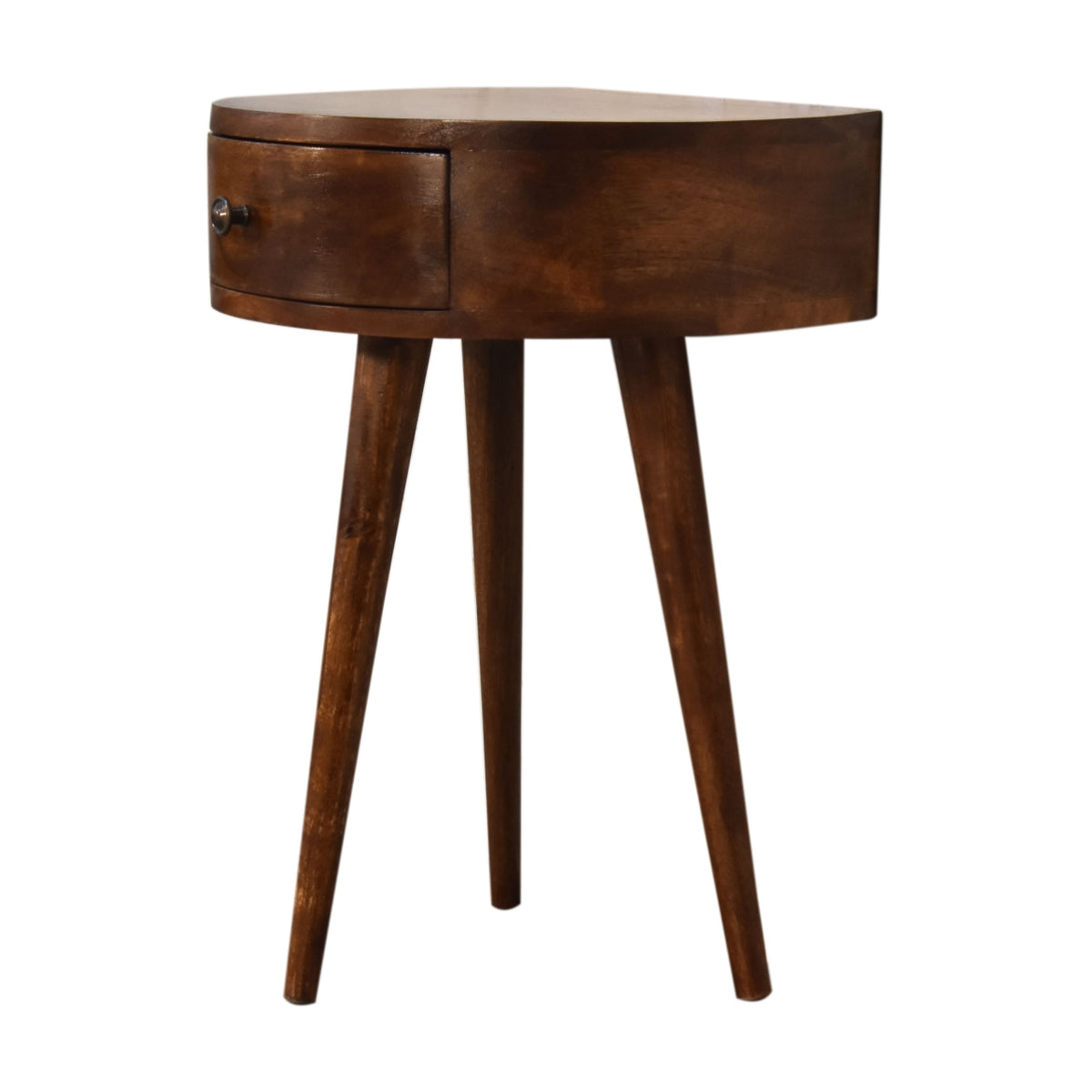 Chestnut nightstand viewed from the side, showing the curved body and tapered legs