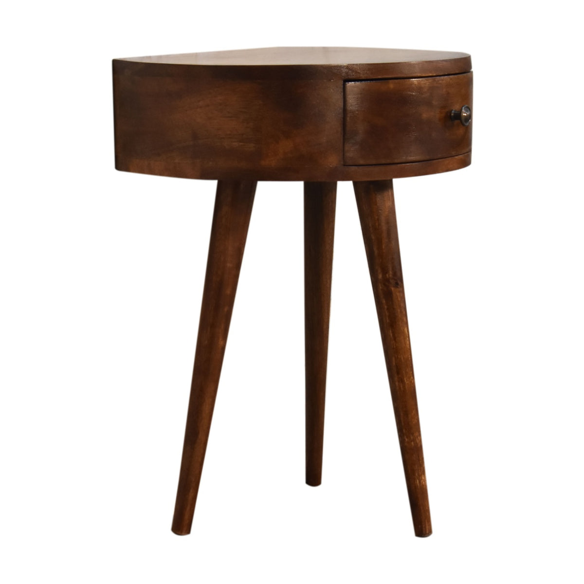 Chestnut nightstand from the opposite side with the drawer and knob visible