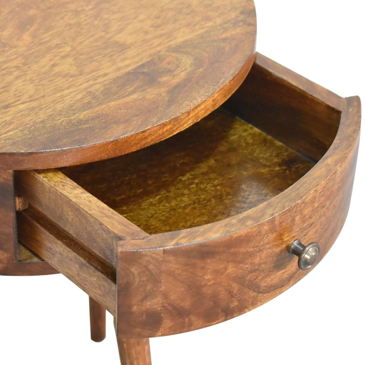 Chestnut nightstand shown with its drawer open, revealing the interior