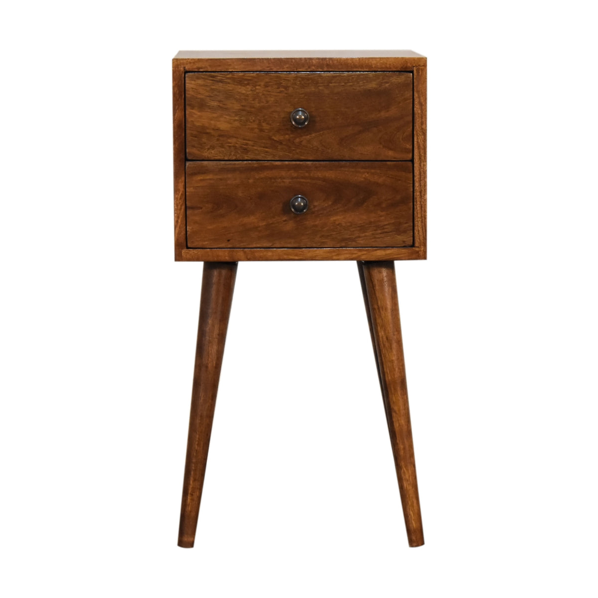 Chestnut two-drawer nightstand shown straight on against a white background