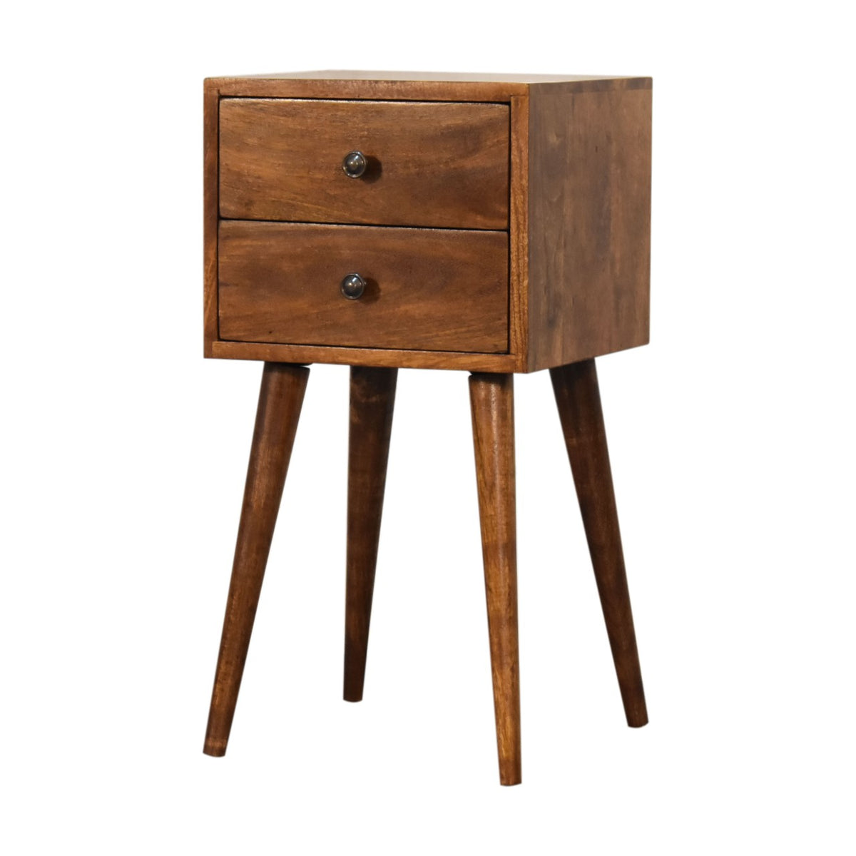 Chestnut two-drawer nightstand from a front-right angle on white