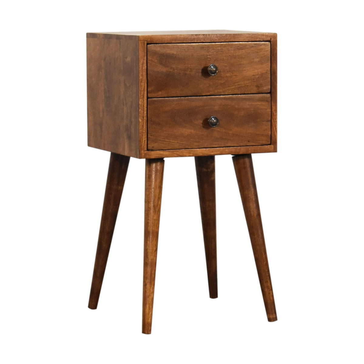 Chestnut two-drawer nightstand from a front-left angle on white