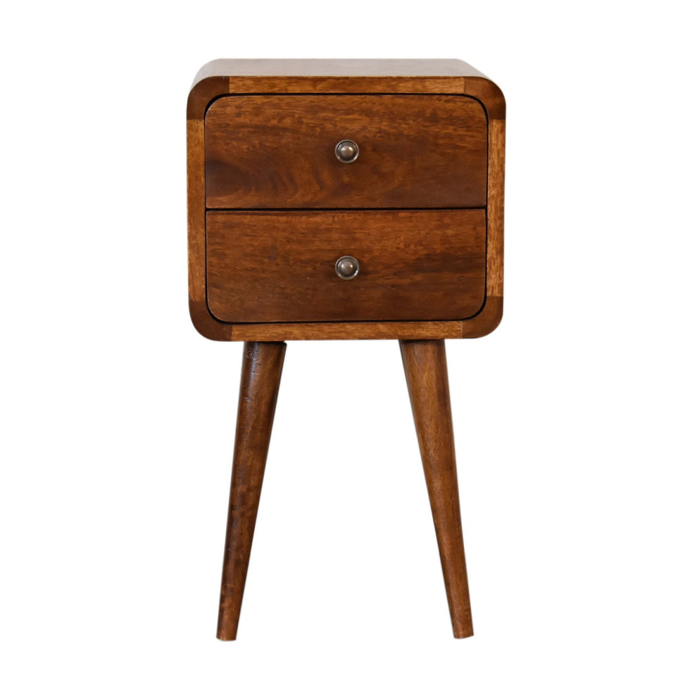 Chestnut curved nightstand with two drawers shown straight on against a white background
