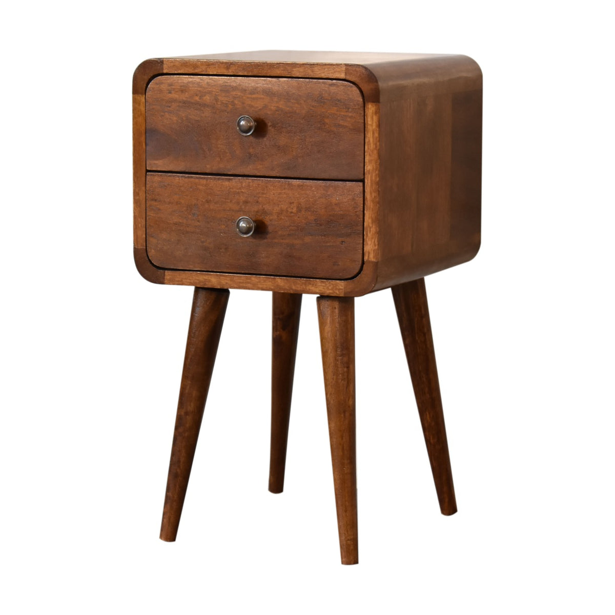Chestnut two-drawer nightstand shown from an angled front view against white