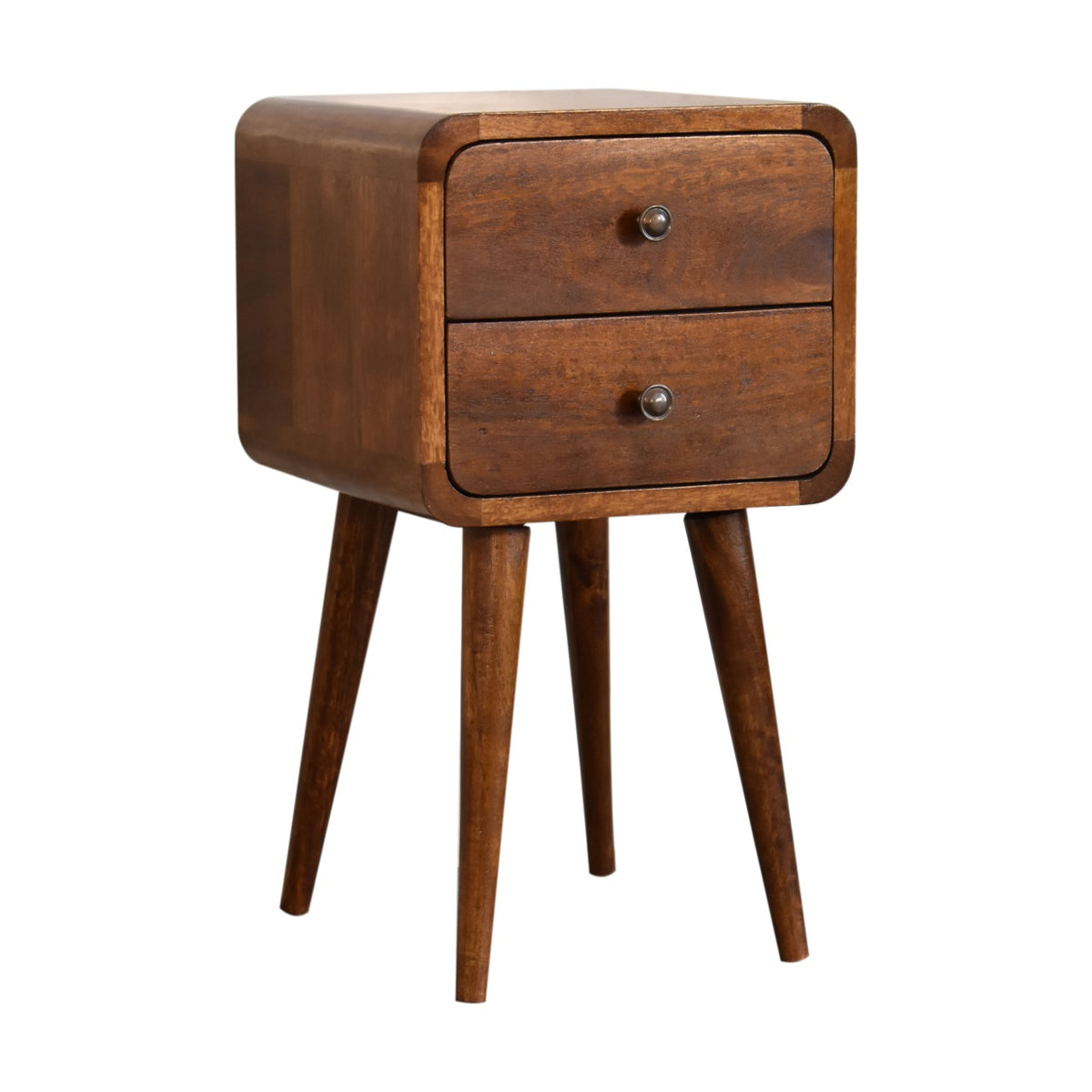 Angled view of the chestnut nightstand showing its rounded side and four legs