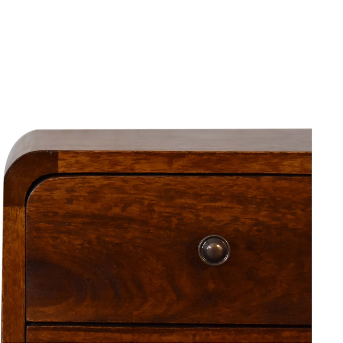 Close-up of the chestnut nightstand's upper drawer, curved edge and round knob