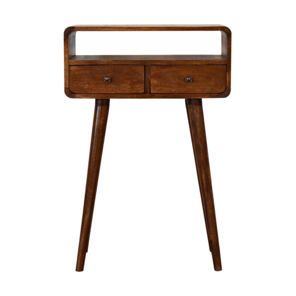 Chestnut console table with two drawers and open slot, straight-on view