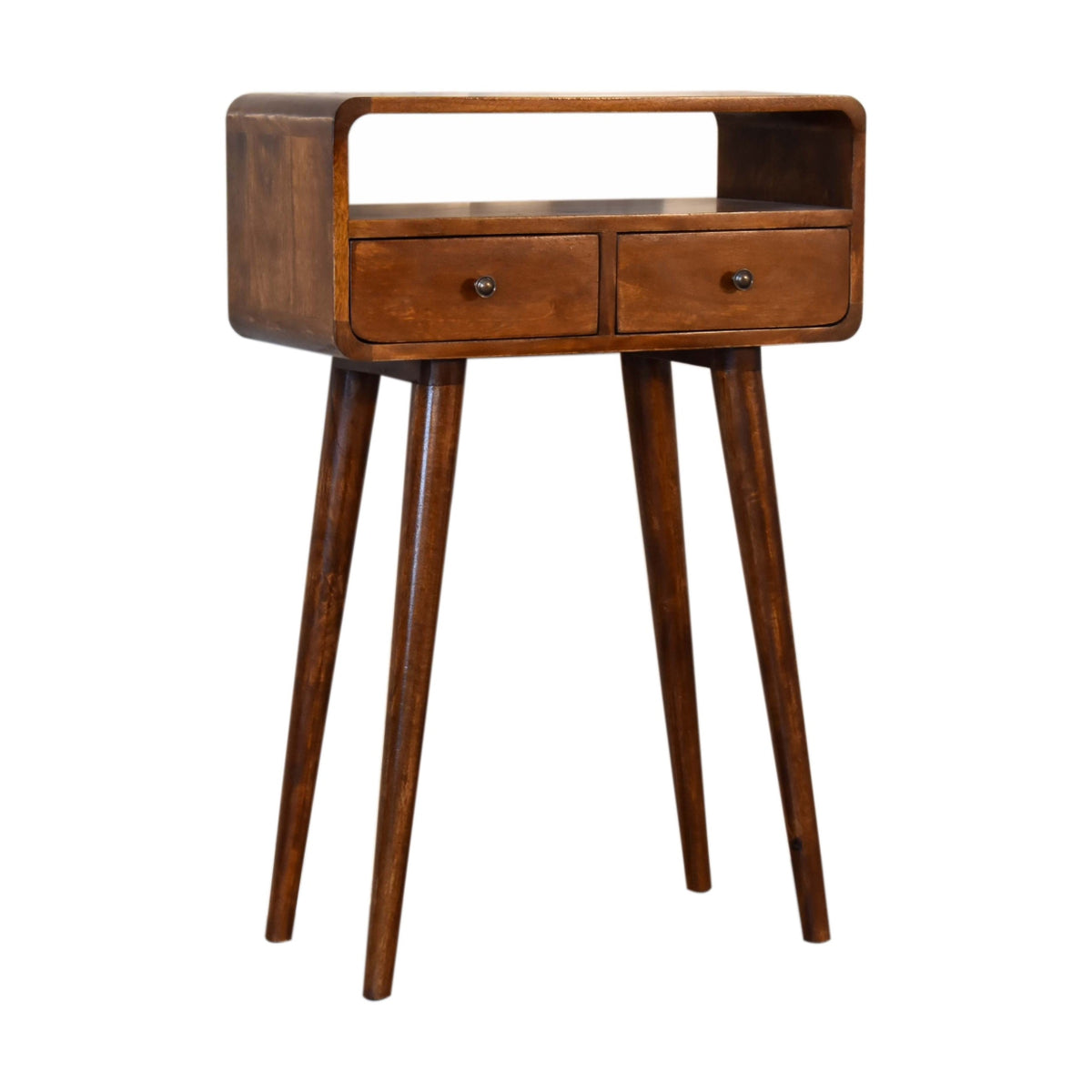 Chestnut console table shown from the left at an angled front view