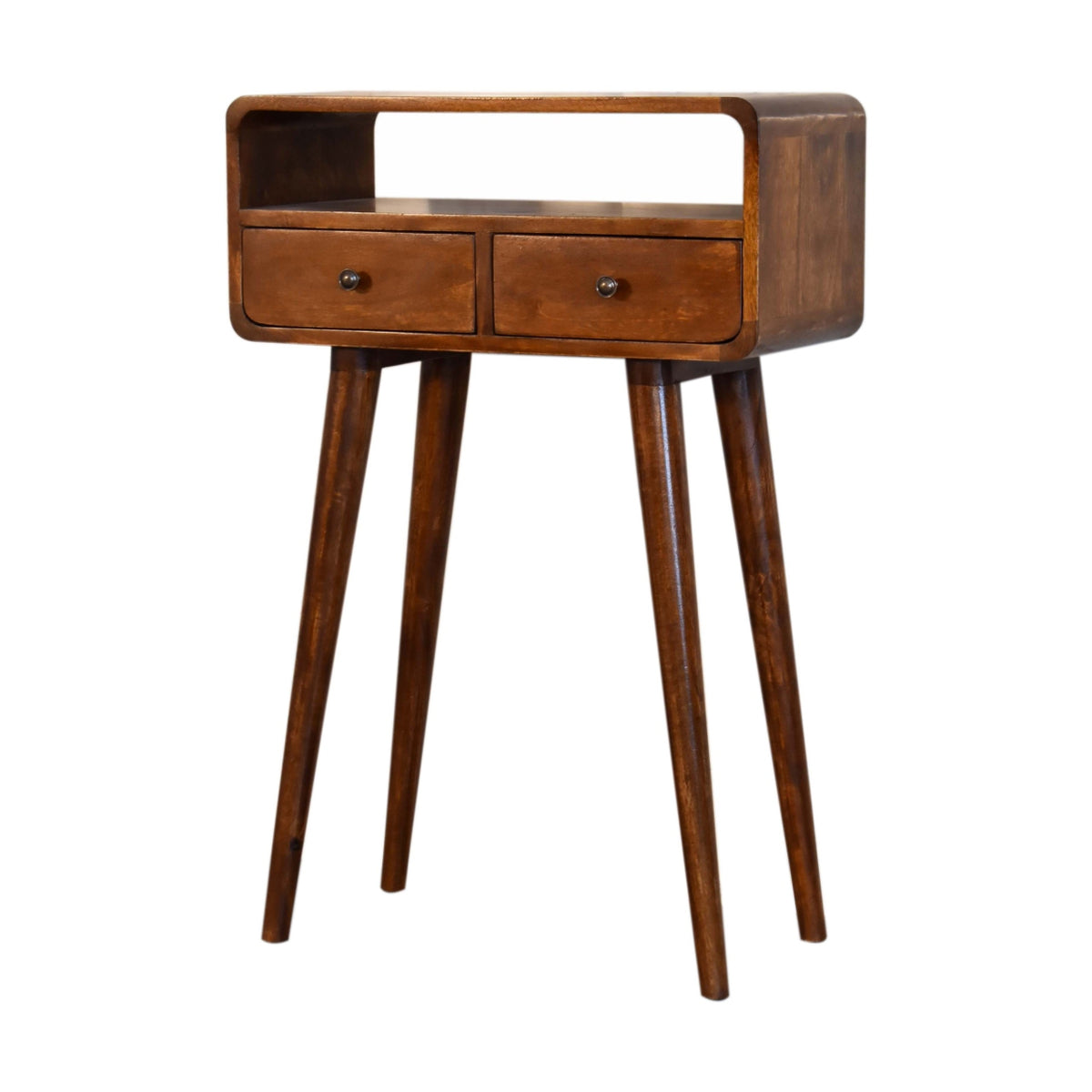 Chestnut console table shown from the right at an angled front view