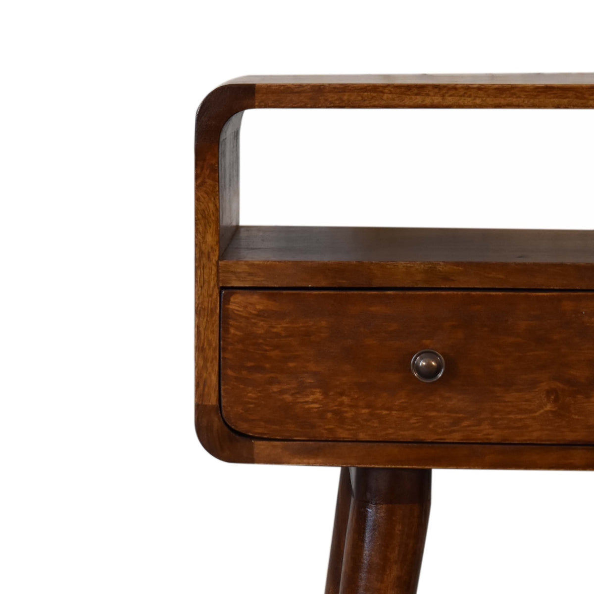 Close-up of a chestnut console table drawer, knob and curved edge