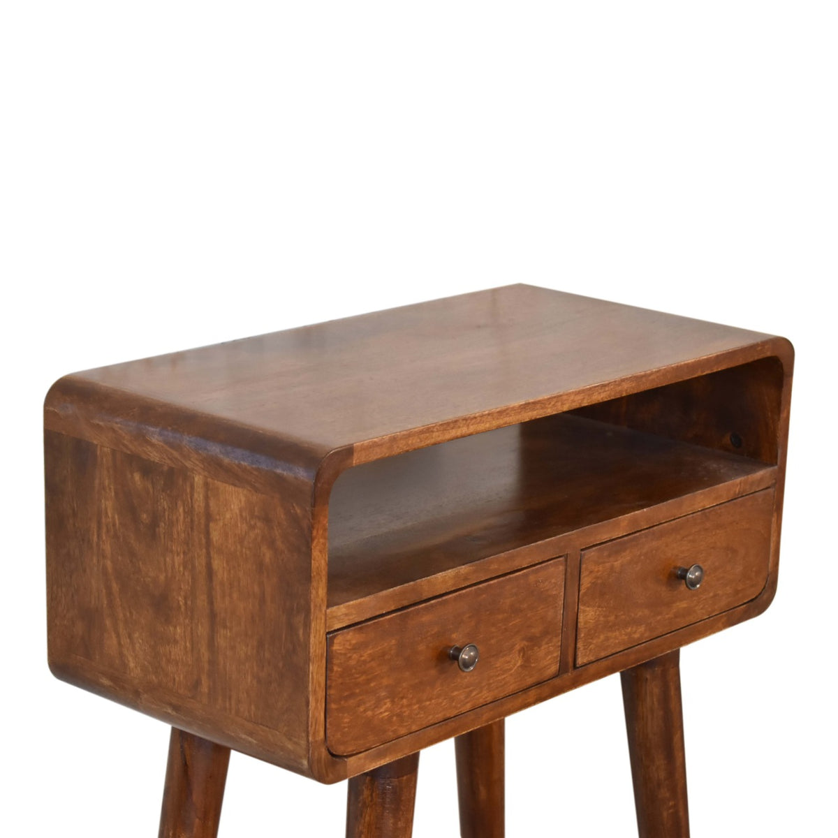 Angled close view of the chestnut table top, open slot and drawers