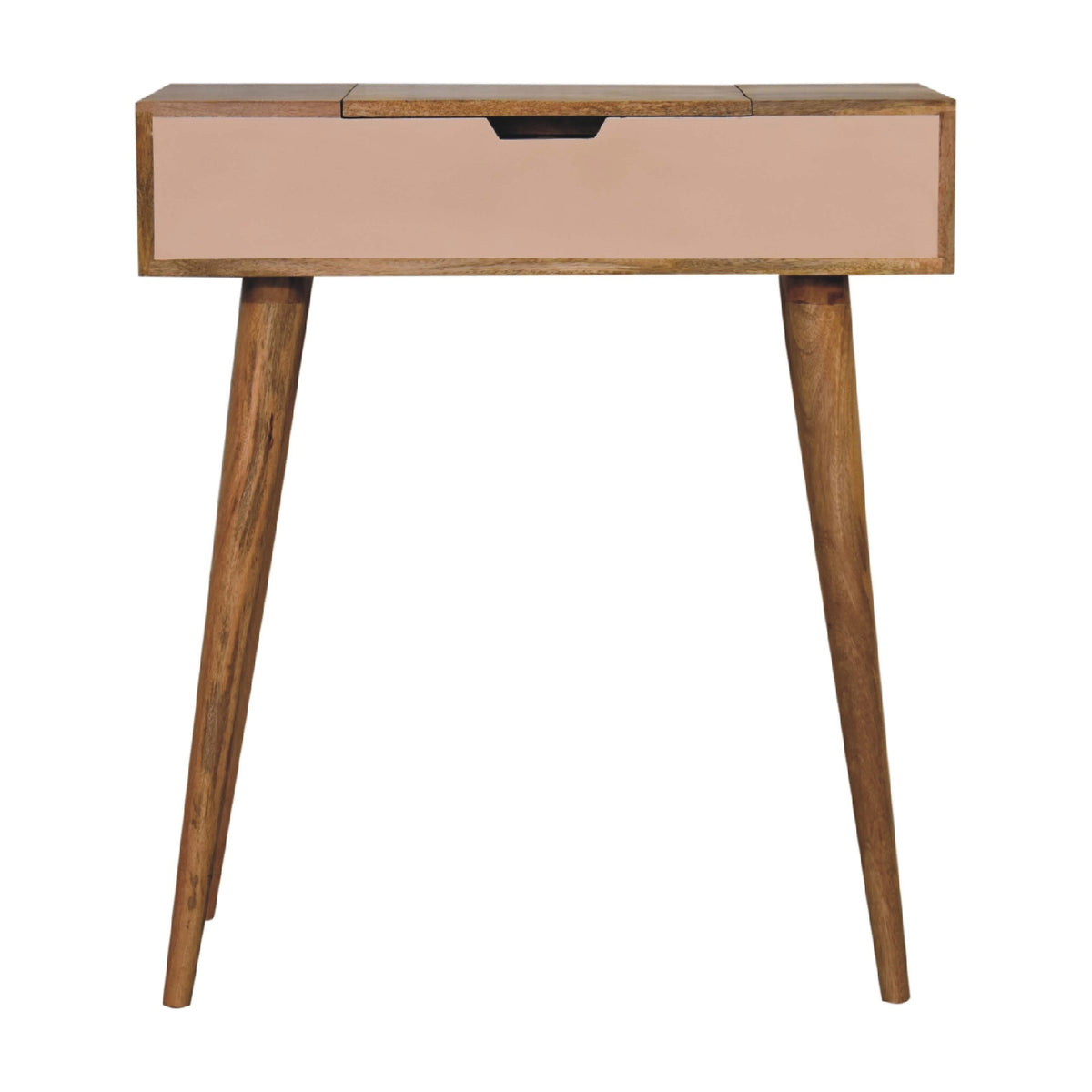 Blush pink drawer and oak-tone legs seen from the front