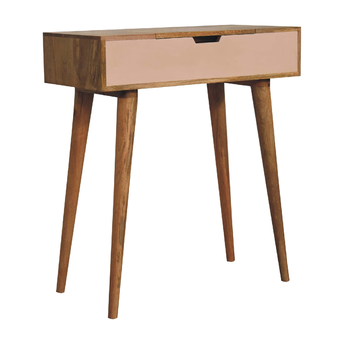Oak-tone dressing table with blush drawer in a left three-quarter view