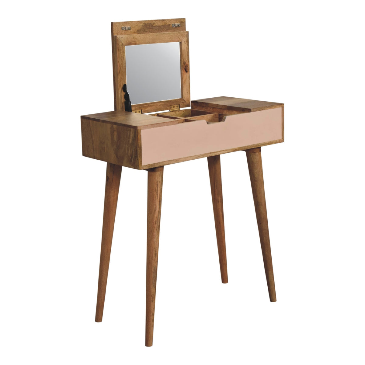 Dressing table with its foldable mirror raised above the storage top