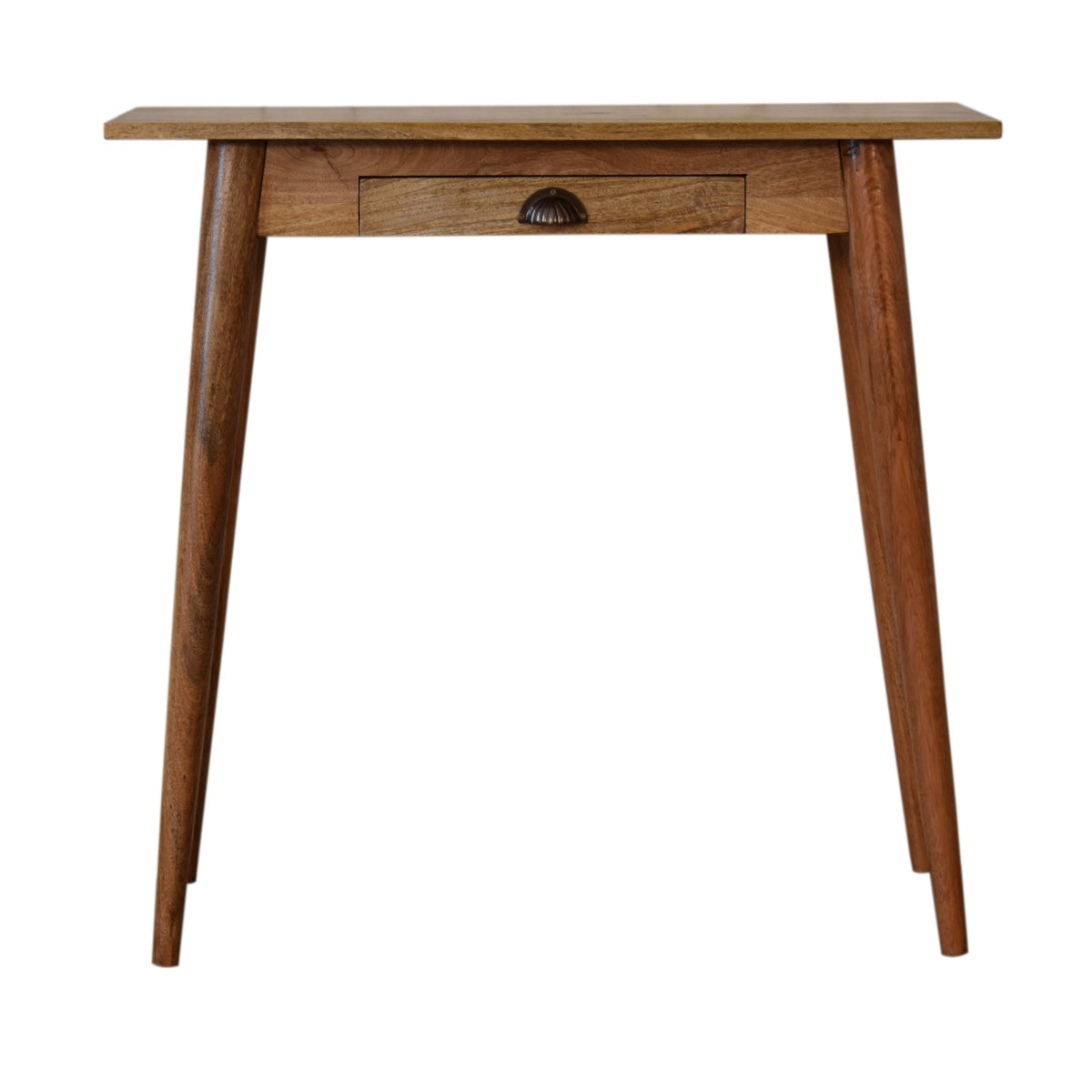 Oak-toned wooden writing desk, straight-on front view with one drawer