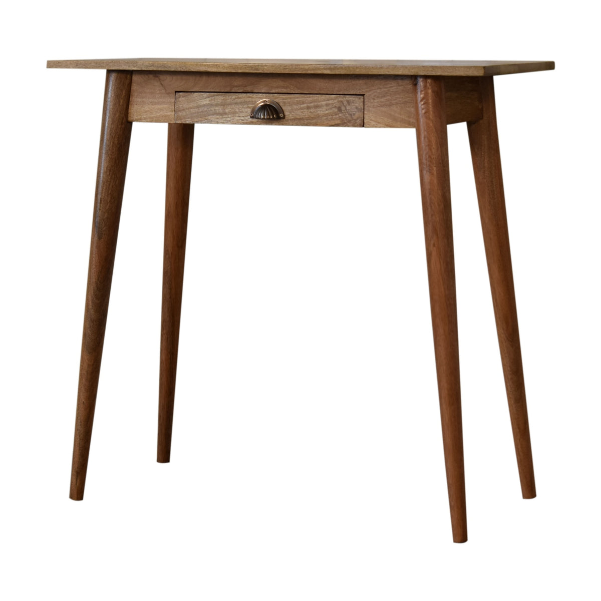 Oak-toned writing desk from a front three-quarter angle, showing its four legs