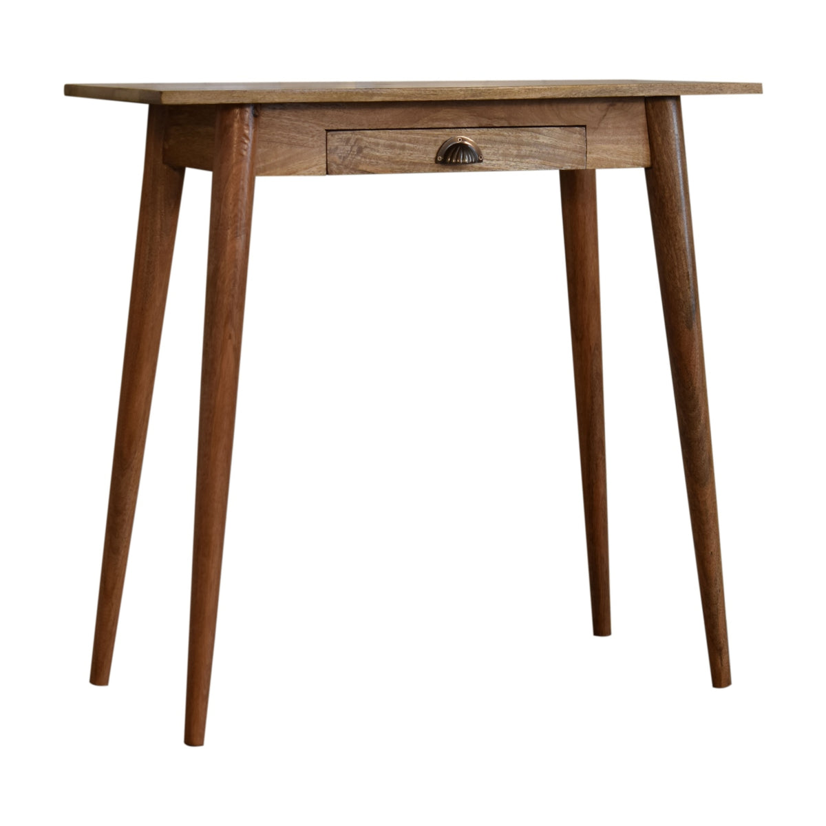 Writing desk from the opposite front angle, with the drawer and tapered legs visible