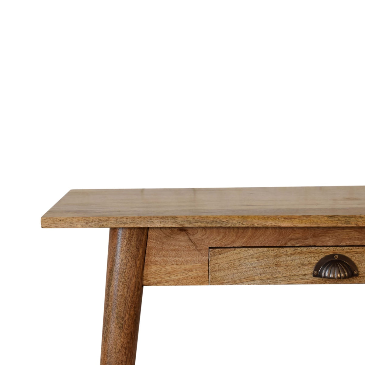 Close-up of the oak-toned desktop edge, leg and drawer front