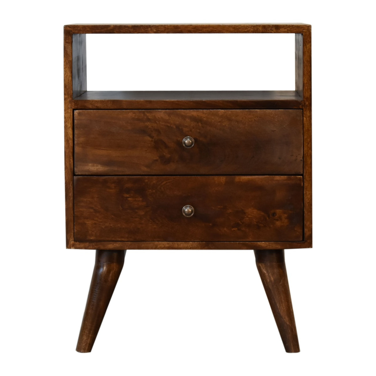 Front view of a dark brown nightstand with two drawers, an open cubby, and angled legs