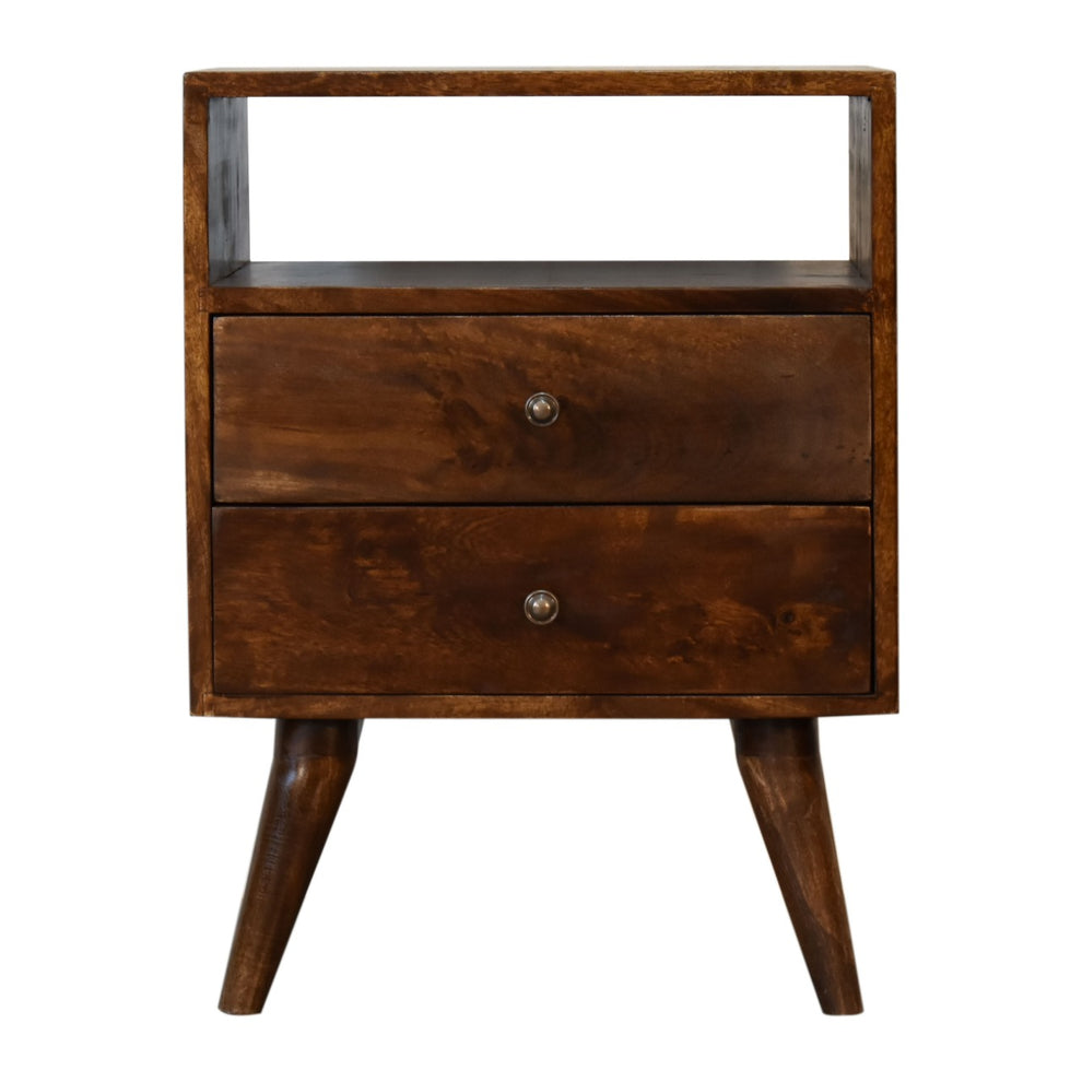 Chestnut brown nightstand shown straight-on with two drawers, an open shelf, and tapered legs