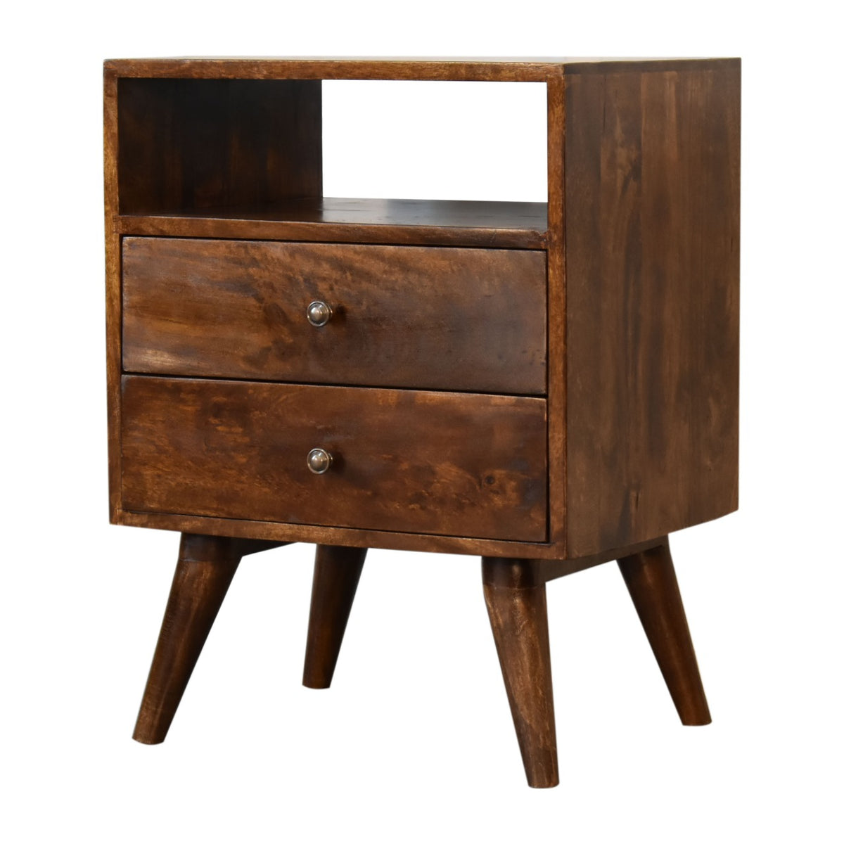 Three-quarter view showing the nightstand's chestnut finish, open shelf, drawers, and side