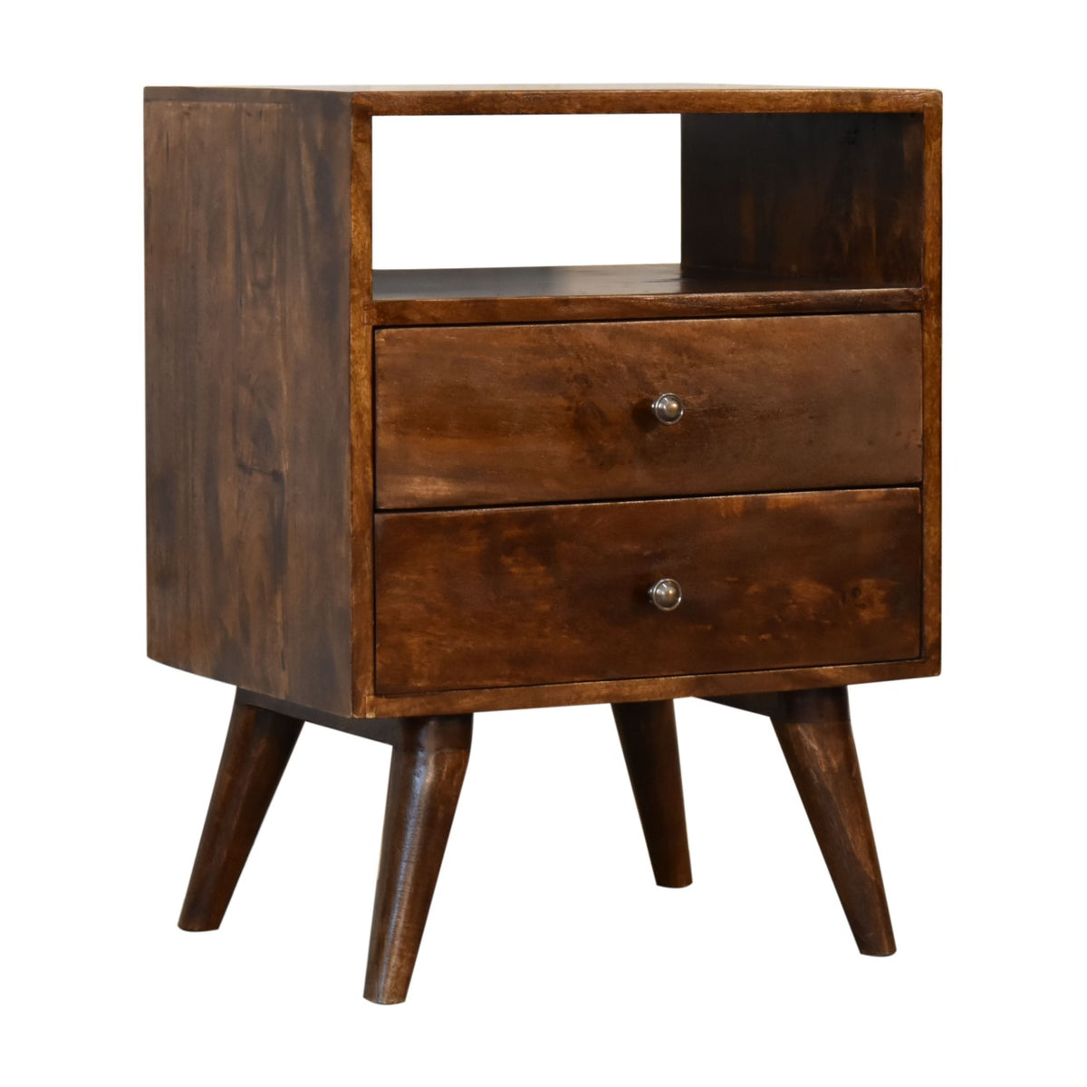 Reverse three-quarter view of a brown nightstand with its side panel and two drawers visible
