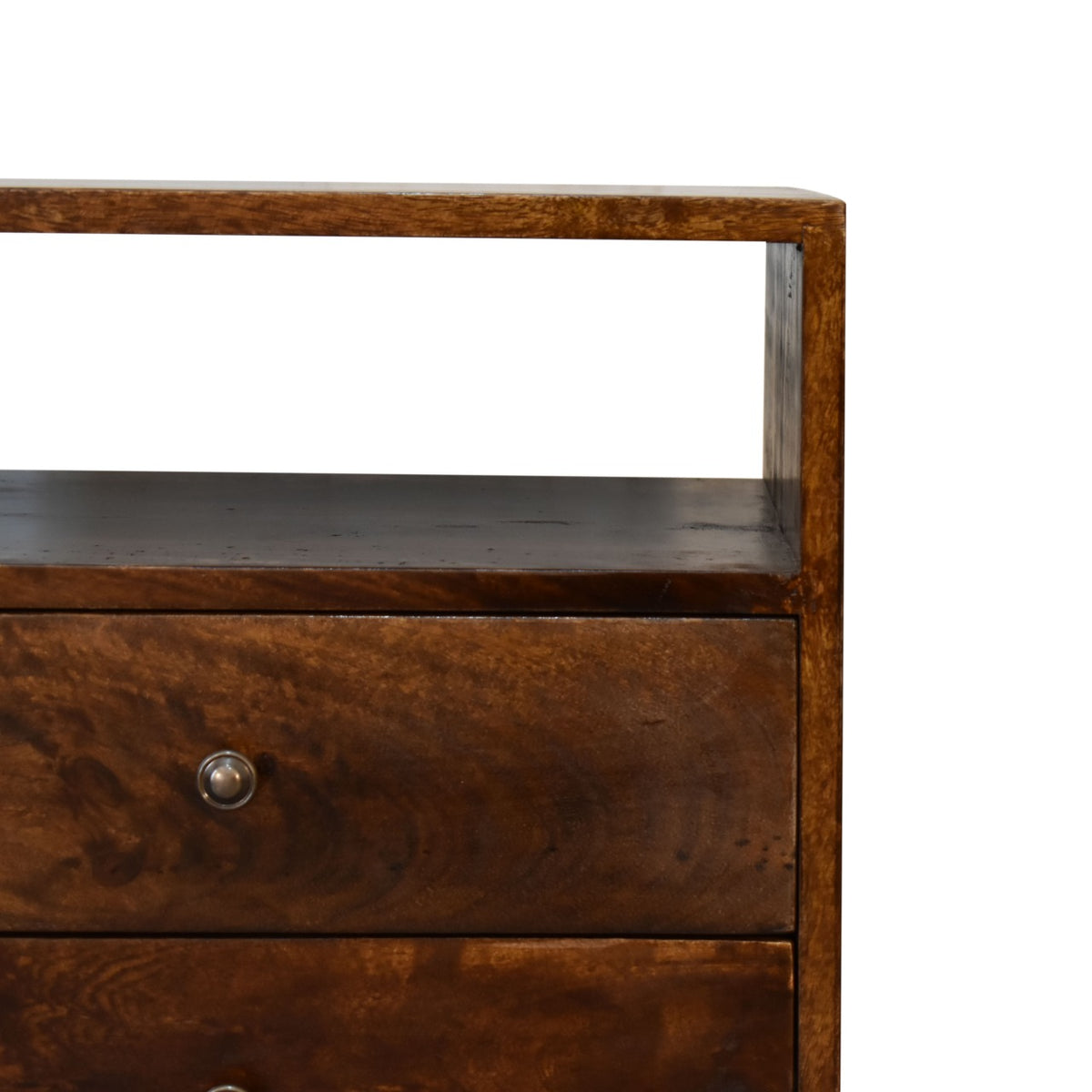 Close-up of the brown nightstand's open shelf, wood grain, and brass-colored drawer knob