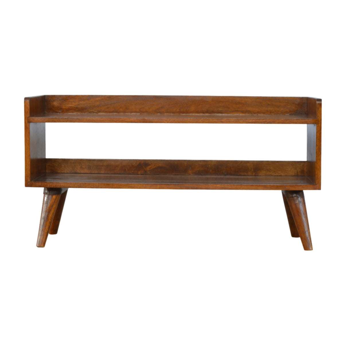 Chestnut shoe bench centered in a level front view with open storage shelves
