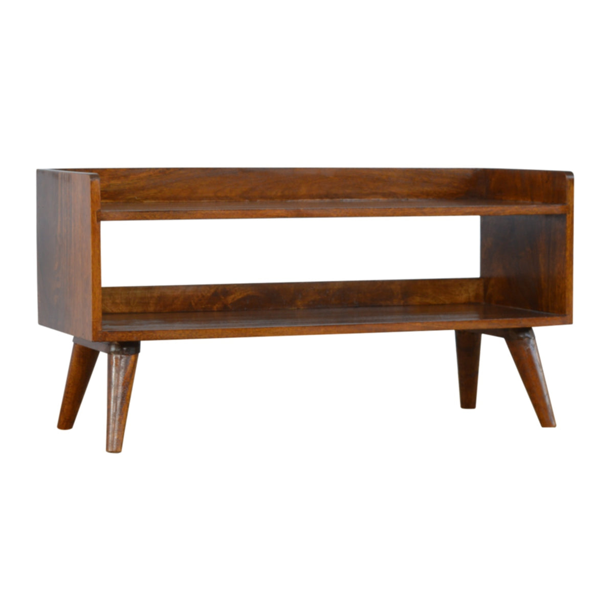 Chestnut wood shoe bench shown from a front three-quarter angle