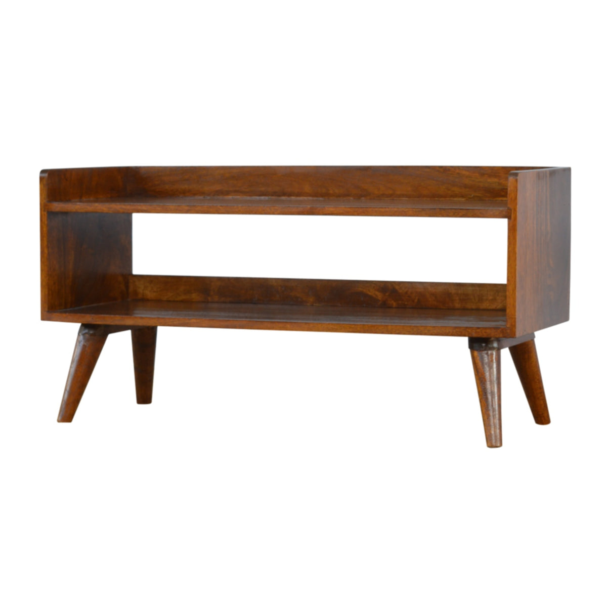 Chestnut shoe bench shown from the opposite front three-quarter angle
