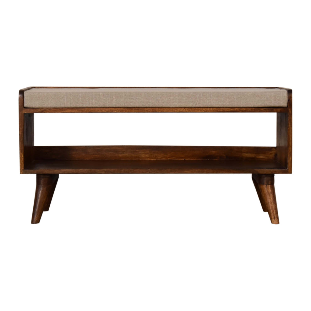 Chestnut wood shoe storage bench with beige upholstered seat, straight-on front view