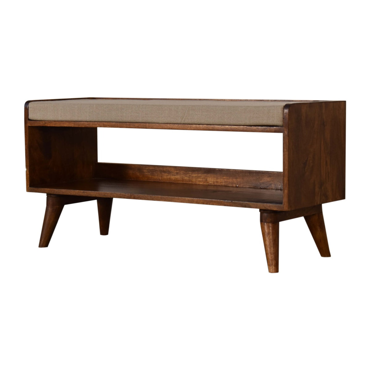 Chestnut shoe bench with beige seat and open shelf, angled view showing one end