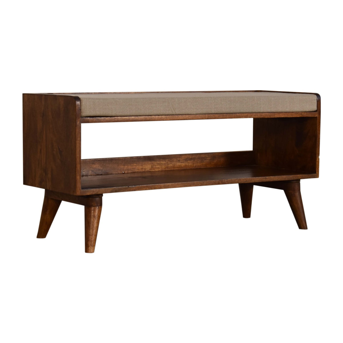 Chestnut wood shoe bench with open shelf, angled view from the opposite end