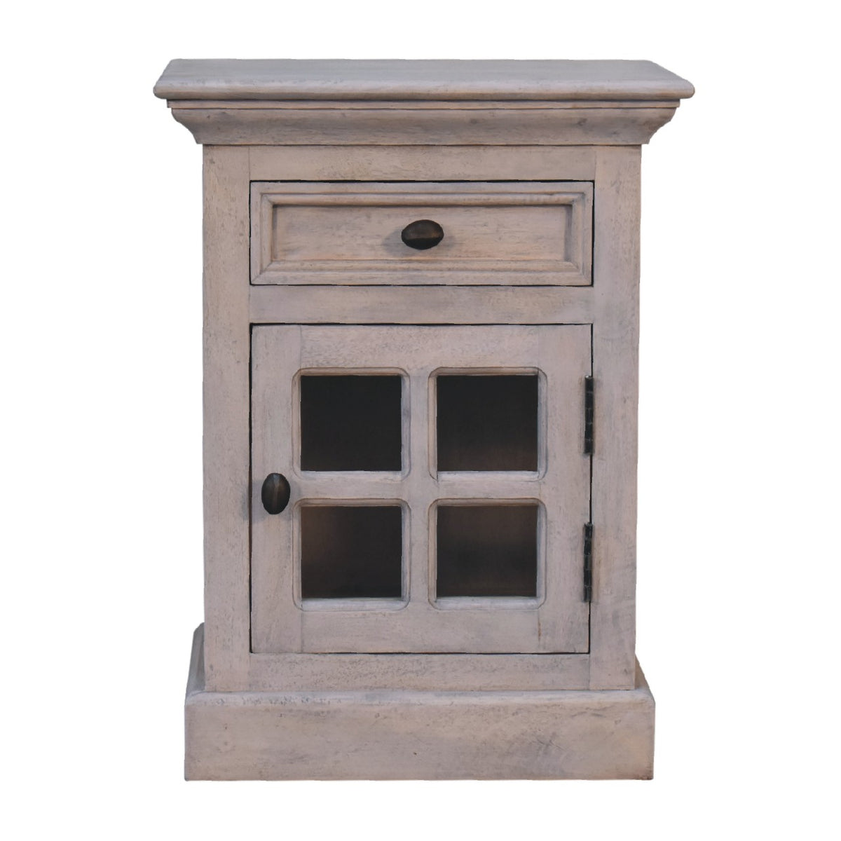 Front view of a pale gray nightstand with a glazed cupboard door and top drawer