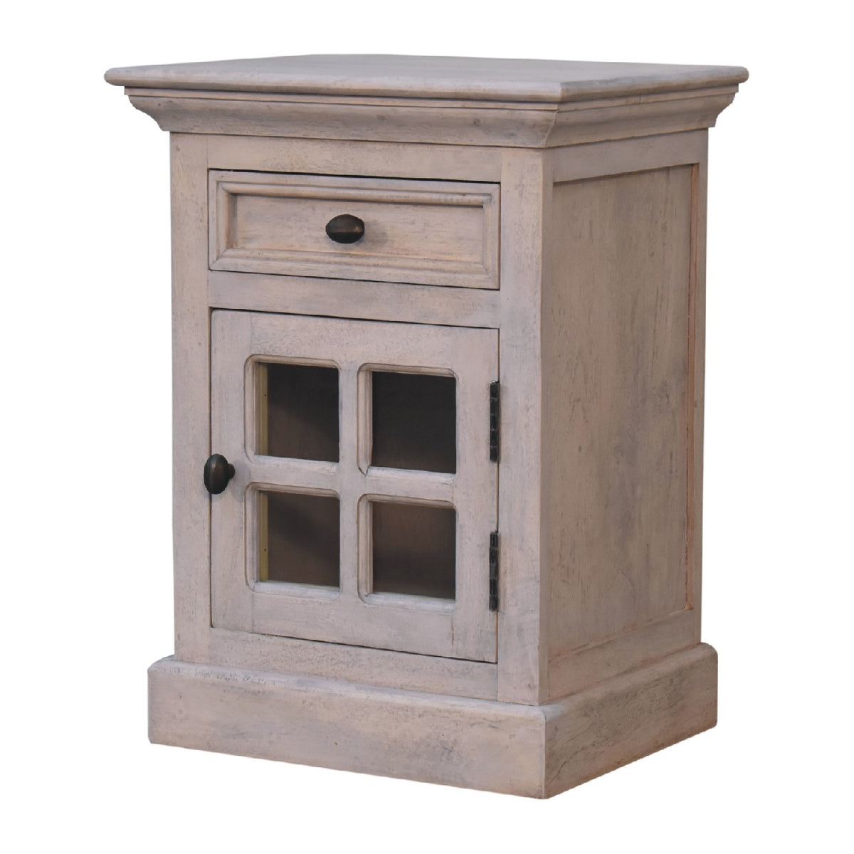 Pale gray nightstand with glazed door, shown from the front and right side