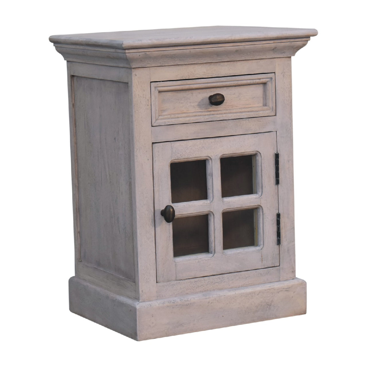 Pale gray nightstand with glazed door, shown from the front and left side