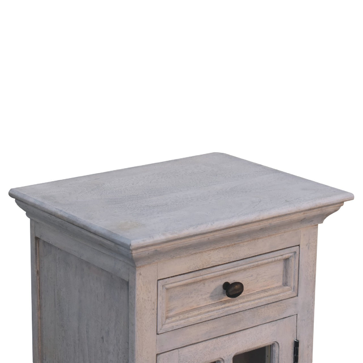 Elevated angled view of a pale gray nightstand with a glazed door and broad top