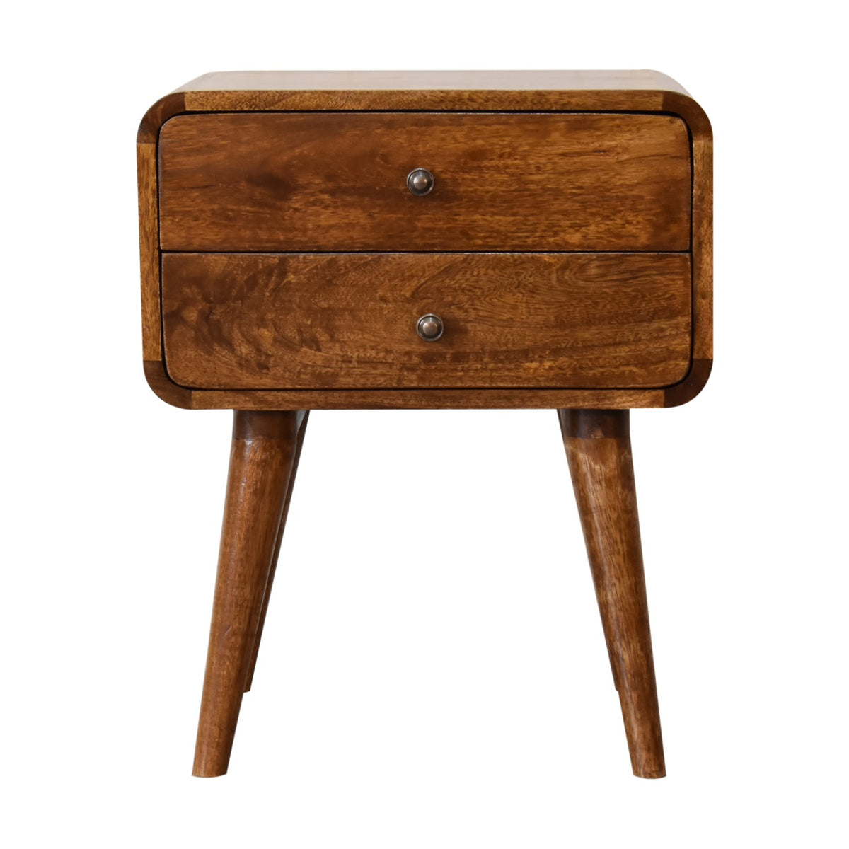 Chestnut brown two-drawer nightstand shown from the front with tapered legs