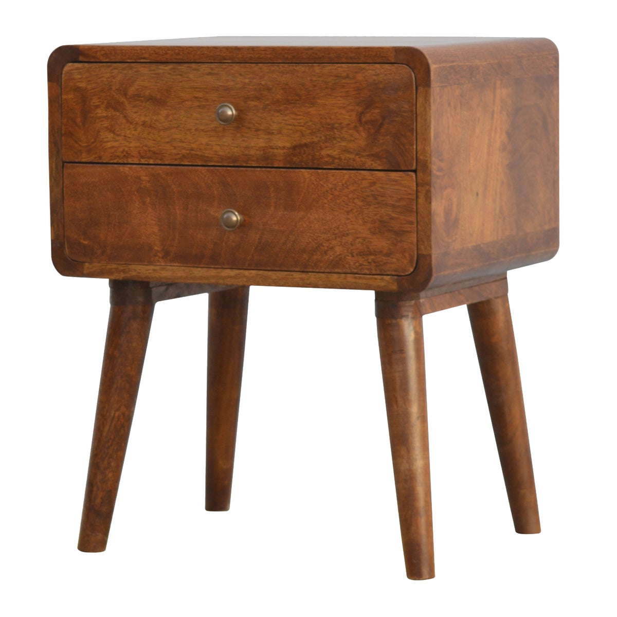 Chestnut brown nightstand in a front three-quarter view showing its side and legs