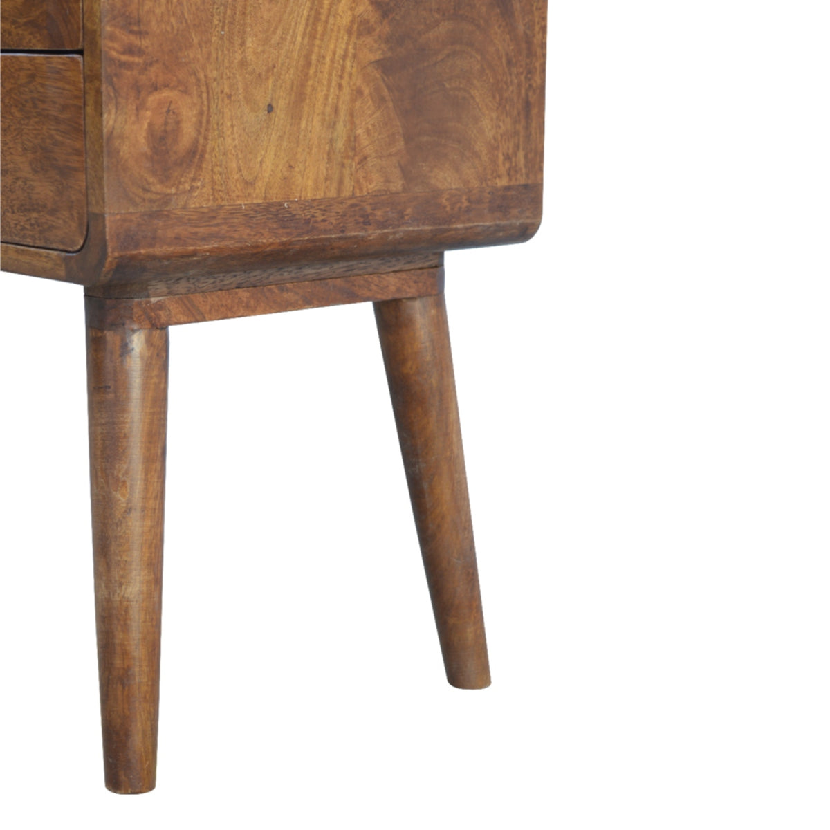 Close-up of the chestnut nightstand side panel and tapered wooden legs