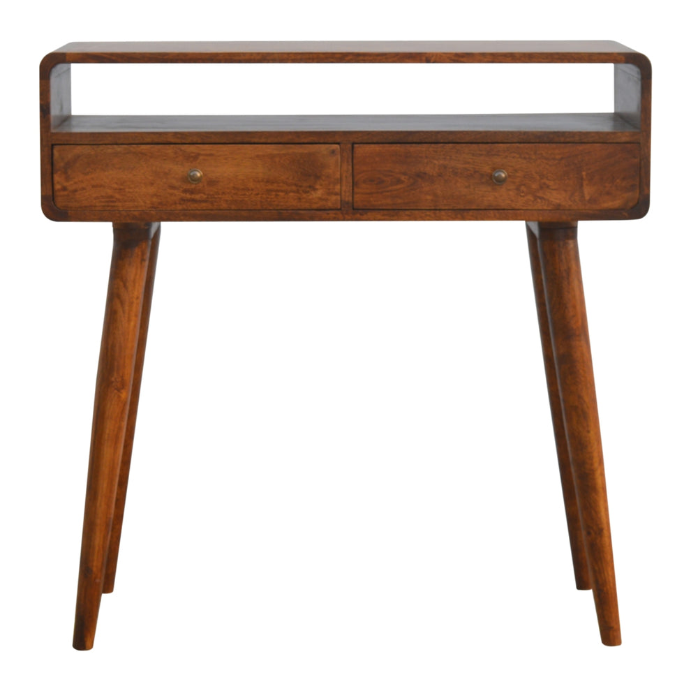Chestnut console table shown straight on with two drawers and an open shelf