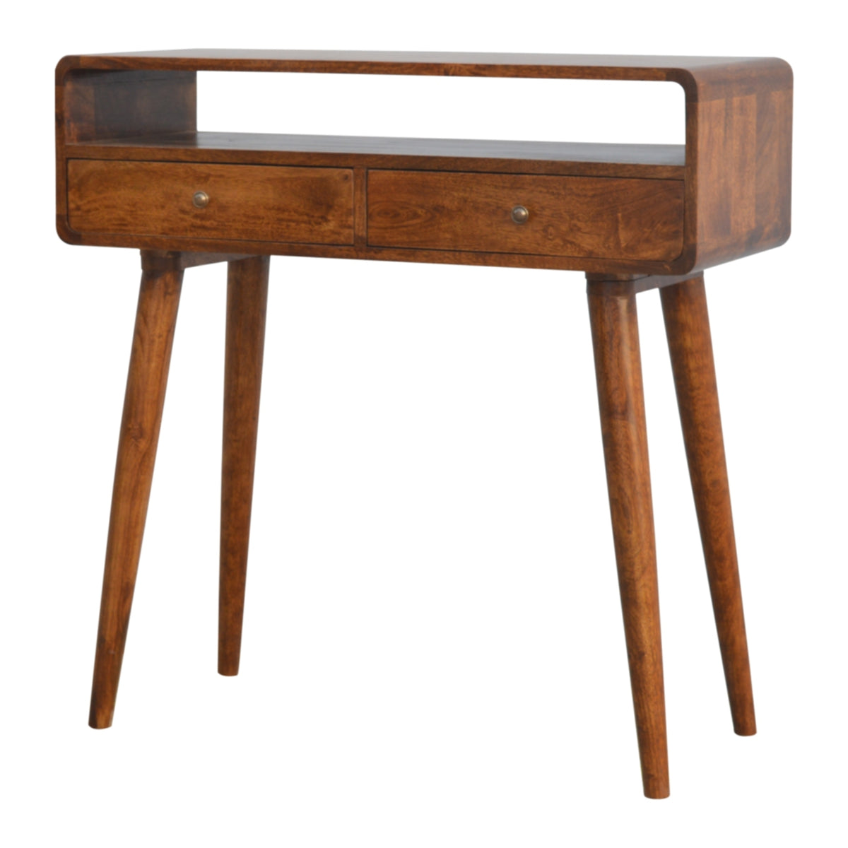 Chestnut console table angled from the left, showing its drawers and open shelf
