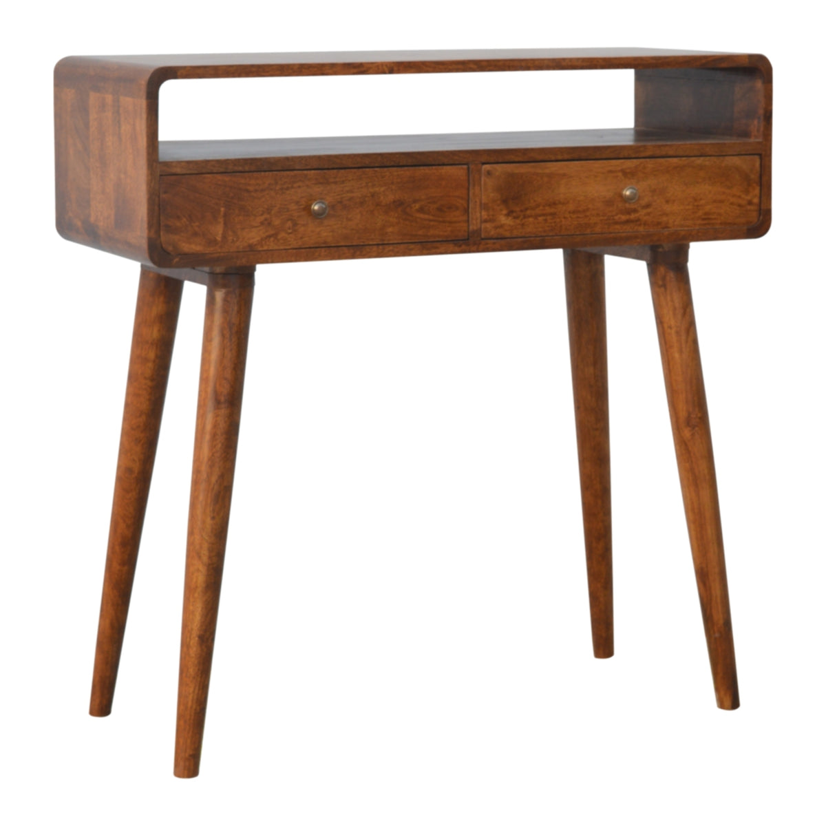 Chestnut console table angled from the right against a plain white background
